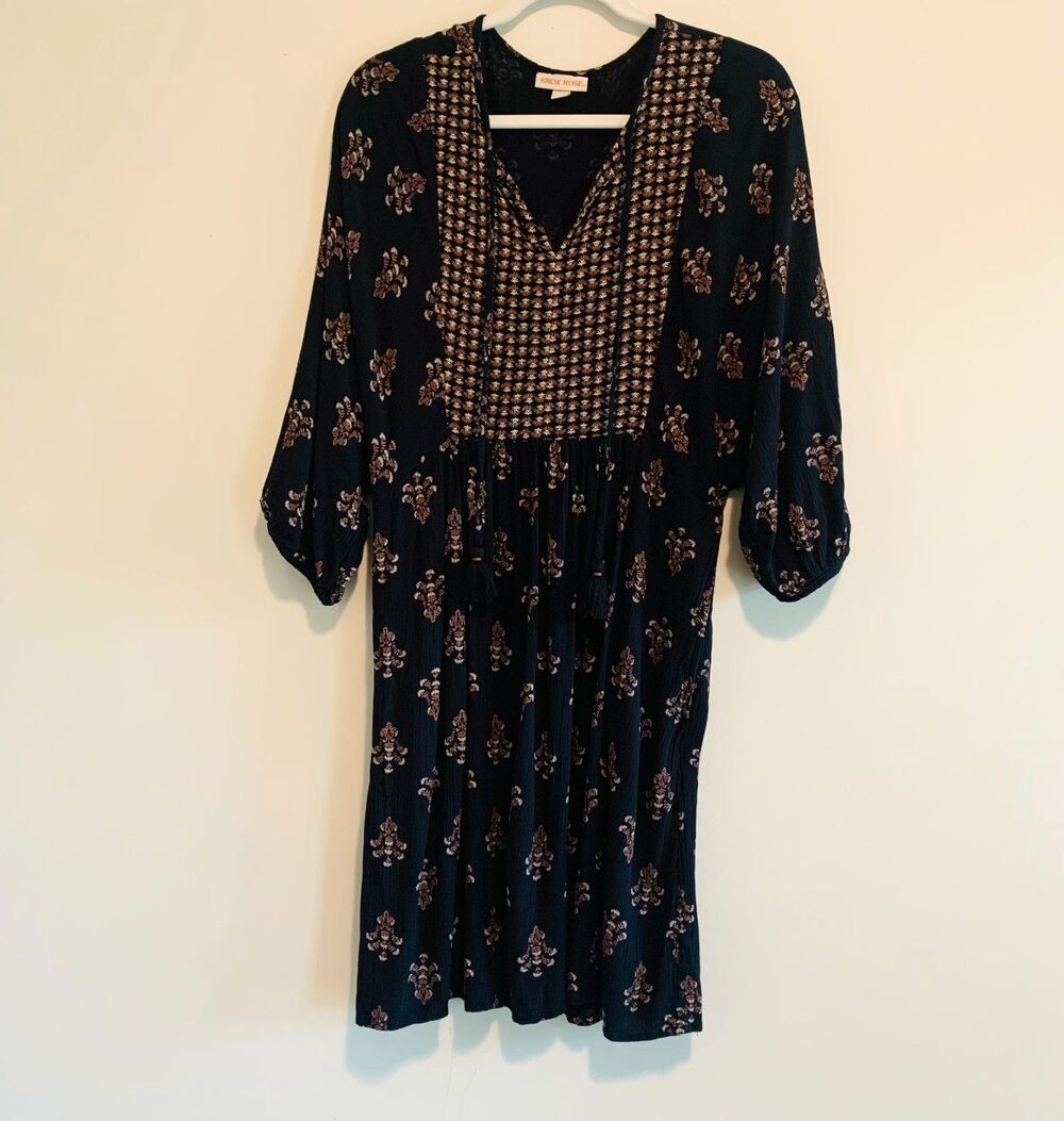 Knox Rose Womens Black Boho V Neck Tassel Loose Fit Mini Dress Rayon S - Picture 1 of 8